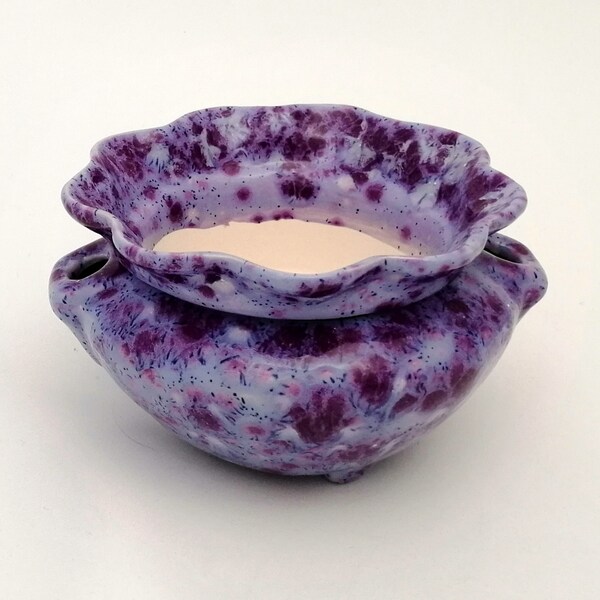 READY TO SHIP-Medium Self - Watering Purple Art Glaze  African Violet Pot,hand painted, 2 piece, indoor, outdoor, lawn or garden