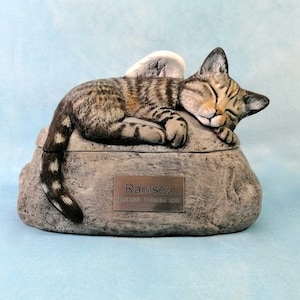 Ceramic Engraved Painted Short Haired Cat 2 piece Cremation Urn with Plastic Name Plate and optional angel wings- hand made pet urn