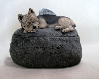 Ceramic Engraved Yorkie Painted Two Piece Cremation Urn - hand made pet urn with engraving directly on the urn.