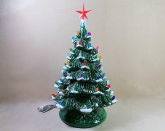 Large Vintage Style Glazed Ceramic Christmas Tree with kiln fired snow-16 inches with base, hand made, painted, pine tree