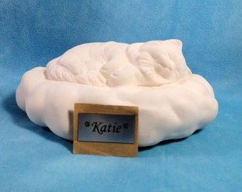 READY TO SHIP-Ready to Paint-Ceramic Bottom Loading Choice of Short or Long Haired Cat Cremation Urn on cloud  with included  name plate