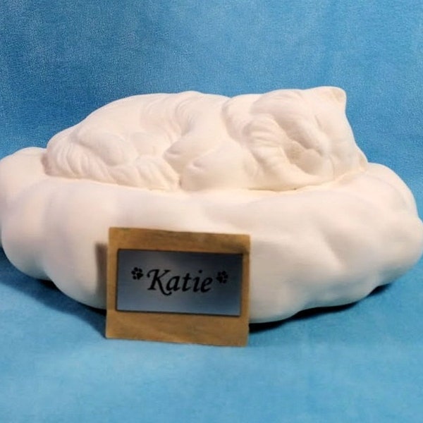 READY TO SHIP-Ready to Paint-Ceramic Bottom Loading Choice of Short or Long Haired Cat Cremation Urn on cloud  with included  name plate