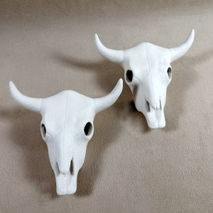 Può includere: Due teschi di toro in ceramica bianca con corna, esposti su una superficie marrone.