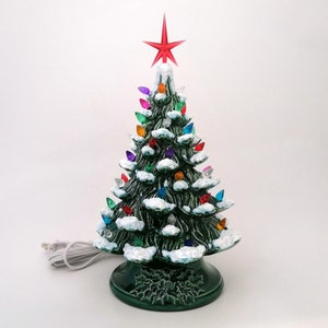 READY TO SHIP-Small Vintage Style Glazed Ceramic Christmas Tree with kiln fired snow-10 inches with base, hand made, painted, pine tree image 1