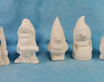 READY TO SHIP-Set of Five Ready to Paint Small  Ceramic Garden Gnomes- 5 inches tall ,  lawn or garden gnome, outdoor or indoor