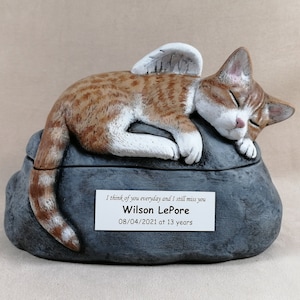 Ceramic Engraved Painted 2 piece short haired Ginger Cat Cremation Urn with Plastic Name Plate- hand made pet urn