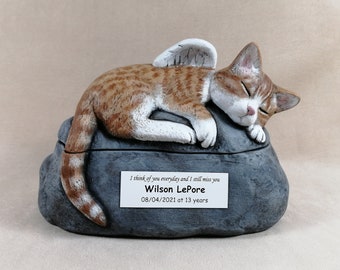 Ceramic Engraved Painted 2 piece short haired Ginger Cat Cremation Urn with Plastic Name Plate- hand made pet urn