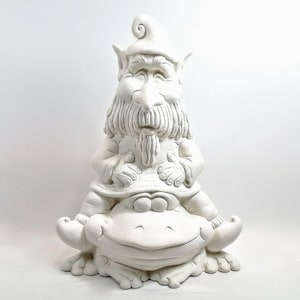 Ready to Paint - Cute Ceramic Gnome Riding on a Frog  Indoor/Outdoor/Garden- DIY