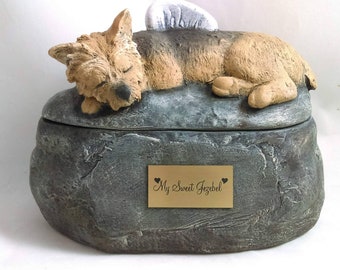 Ceramic Yorkie Painted Cremation Urn with Plastic Name Plate- hand made pet urn