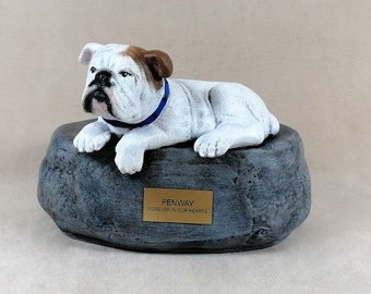 Custom Painted Bulldog Cremation Urn with  large rock for pets over 75 pounds and plastic name plate included -Made to Order Pet  urn