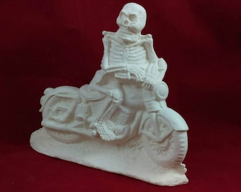 READY TO SHIP-Ceramic Ready to Paint Skeleton on a Motorcycle - 7.5 inches long, bisque, unpainted ceramic