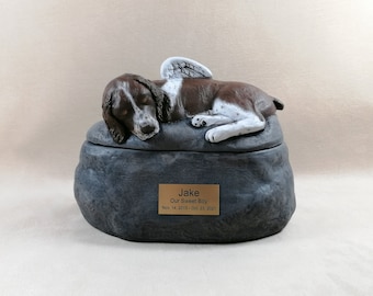 Custom Breed - 2 piece Springer Spaniel cremation urn with plastic name plate - Ceramic Hand Sculpted and Custom Painted Dog Cremation Urn