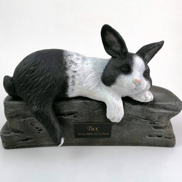 Custom Painted Ceramic Bottom Loading Rabbit or Bunny Cremation Urn with Plastic Name Plate- hand made pet urn-made to order