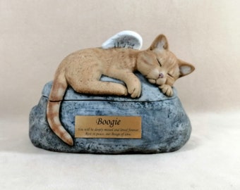 Ceramic Engraved Painted Custom 2 piece Short Haired Cat Cremation Urn with thinner face and  Plastic Name Plate- hand made pet urn