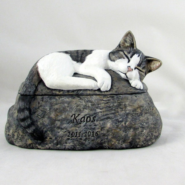 Custom Painted Ceramic Engraved Painted Cat Cremation Urn - hand made pet urn-engraved directly on the urn