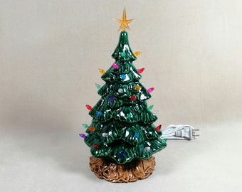 READY TO SHIP-Small Vintage Style Ceramic Christmas Tree with fired glaze-10 3/4  inches tall with base , hand made, painted, pine tree