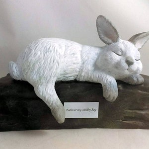 Ceramic Engraved Custom Painted Bottom Loading Rabbit or Bunny with Ears Up Cremation Urn with Plastic Name Plate- hand made pet urn