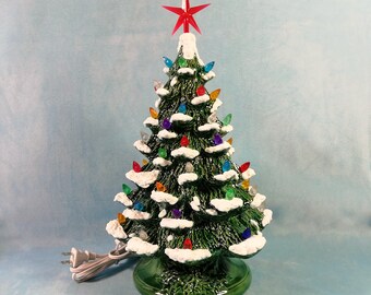 READY TO SHIP-Medium Vintage Style Glazed Ceramic Christmas Tree -13.5 inches with base, hand made, painted, pine tree