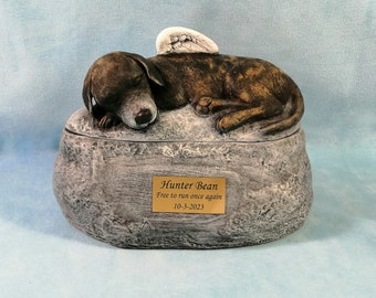 Custom Breed 2 piece cremation urn with plastic name plate - Ceramic Hand Sculpted and Custom Painted Dog Cremation Urn  -Pet hand made urn