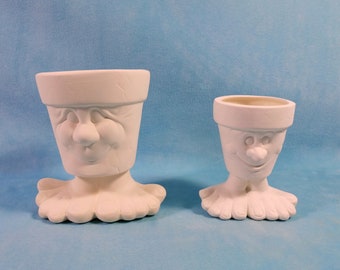 READY TO SHIP-Ready to Paint - Set of two Cute Small "Crackpot"  Planters with fired glaze interior  - indoor or outdoor