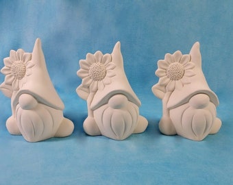 READY TO SHIP-Set of One, Two or Three Ready to Paint Small Garden Gnomes holding sunflowers- 5.5 inches,  lawn or garden gnome