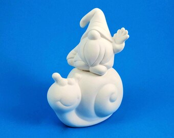 Ready to Paint - Small Cute Ceramic Gnome riding on a Snail - DIY -Lawn and Garden