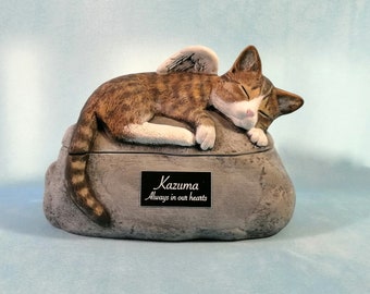 Ceramic Engraved Painted Cat Cremation Urn with Plastic Name Plate- hand made pet urn