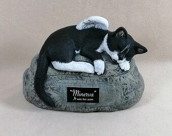 Ceramic Engraved Custom Painted Short Haired Cat Cremation Urn with Plastic Name Plate- hand made pet urn