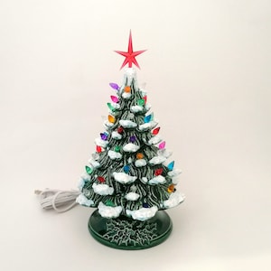 READY TO SHIP-Small Vintage Style Glazed Ceramic Christmas Tree with kiln fired snow-10 inches with base, hand made, painted, pine tree image 6