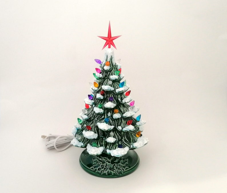 READY TO SHIP-Small Vintage Style Glazed Ceramic Christmas Tree with kiln fired snow-10 inches with base, hand made, painted, pine tree image 6