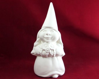 Ceramic Ready to Paint Female Garden Gnome - 11 inches, hand painted lawn or garden gnome, outdoor or indoor