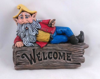 Ready to ship - Ceramic Welcome Sign Garden Gnome - 8.5 inches -hand painted for lawn or garden, outdoor or indoor