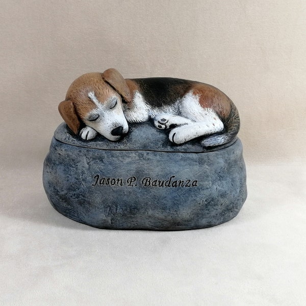 Ceramic Beagle Custom Painted Dog Cremation Urn  -two piece  urn with engraving directly on the urn.