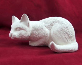 Ceramic Ready to Paint Crouching Cat  handmade, ceramic bisque