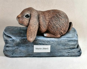 Ceramic Engraved Painted Bottom Loading Lop Eared Rabbit or Bunny Cremation Urn with Plastic Name Plate- hand made pet urn