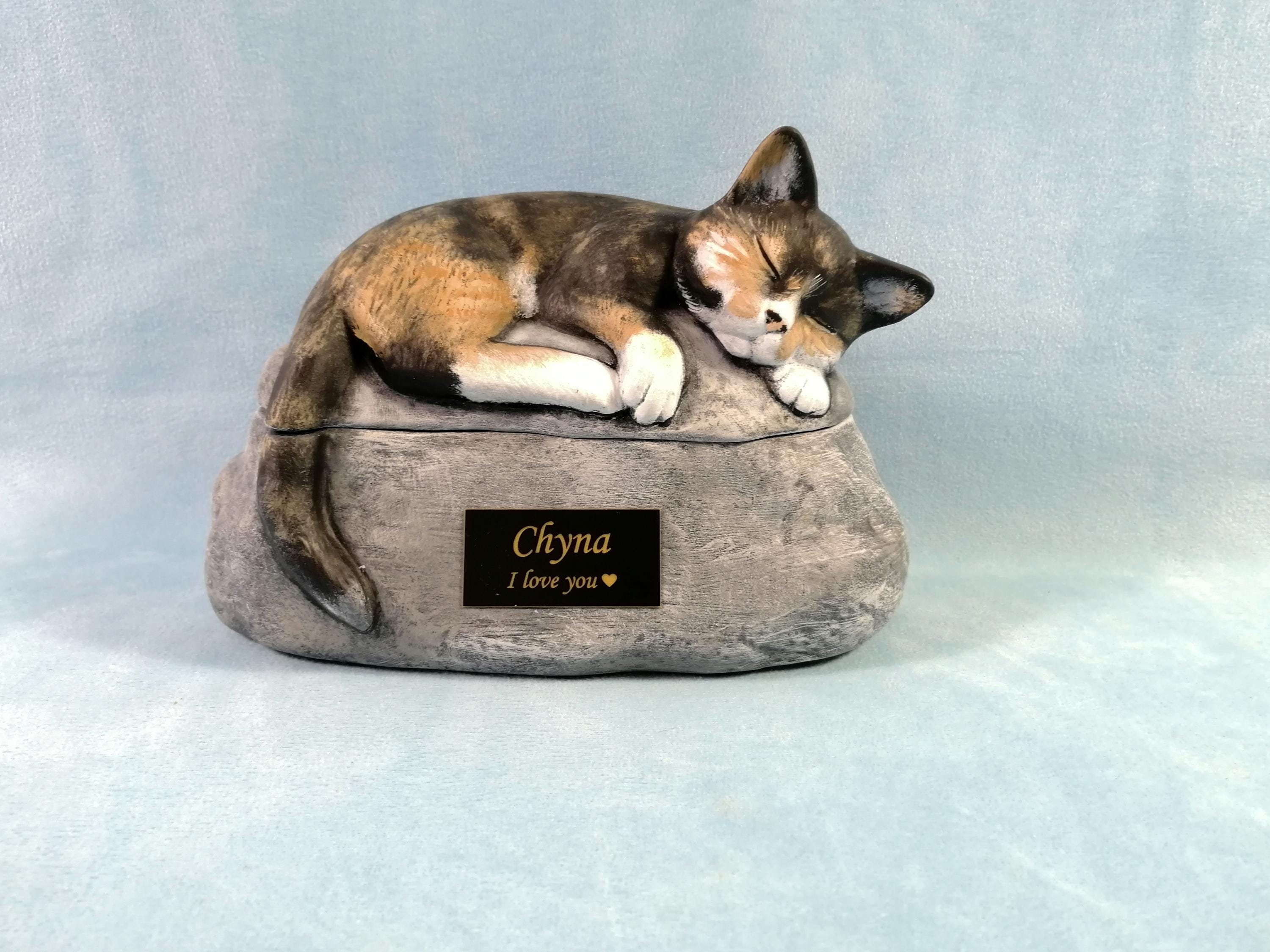 Ceramic Engraved Custom Painted  Calico Cat  2 Piece Cremation Urn with Plastic Name Plate- hand made pet urn