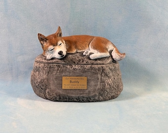 Ceramic Engraved Custom Sculpted and custom Painted Japanese Shiba Inu-  2 piece Cremation Urn with name plate- hand made pet urn