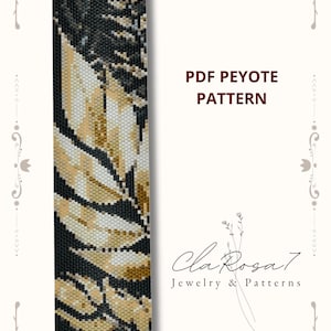 Può includere: Un motivo rettangolare di perline peyote con un design a foglie in nero, bianco e oro. Il testo recita PDF PEYOTE PATTERN e Cla Rosa 7 Jewelry & Patterns. Il design è incorniciato da un bordo decorativo con accenti floreali.