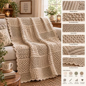 May include: A beige crochet blanket featuring a sampler of various stitch patterns including ribbed texture, mini bobble stitch, moss stitch, crossed stitches, and raised lines, finished with a scalloped border. The blanket is shown in four color options.