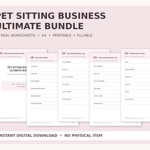 May include: A digital pet sitting business bundle featuring 50 A4 printable and fillable worksheets. The documents include a welcome overview, new client intake, dog walking session log, client communication log, and payment due tracker.