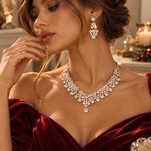Puede incluir: Un conjunto de collar y pendientes colgantes en tono dorado, con intrincados detalles metálicos y cristales transparentes de corte redondo. El collar presenta un diseño en forma de V con un cristal central, mientras que los pendientes son de estilo candelabro.