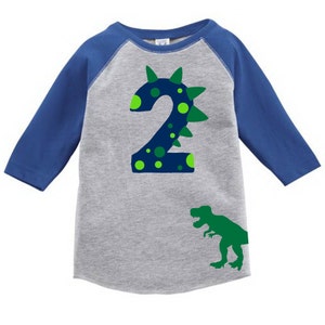 Custom Dinosaur Birthday Shirt with Name on Back Dino Birthday Shirt BLUE Raglan image 4