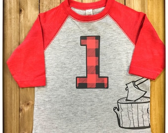 Custom Lumberjack Axe Plaid Toddler Birthday Number Shirt with Name on Back Age Birthday Shirt First Birthday Second Birthday