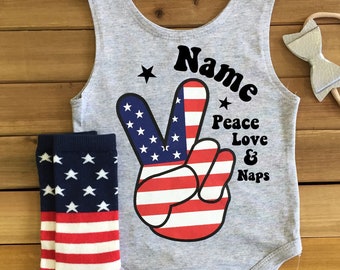 4th of July Outfit with Custom Name INCLUDES Socks & Headband Patriotic Outfit Baby America Outfit Baby July 4th Outfit Baby Peace Love Naps