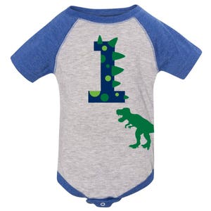 Custom Dinosaur Birthday Shirt with Name on Back Dino Birthday Shirt BLUE Raglan image 6