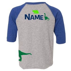 Custom Dinosaur Birthday Shirt with Name on Back Dino Birthday Shirt BLUE Raglan image 5