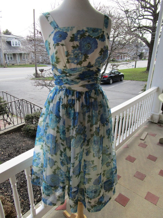 1950s Blue Flora Print  Dress