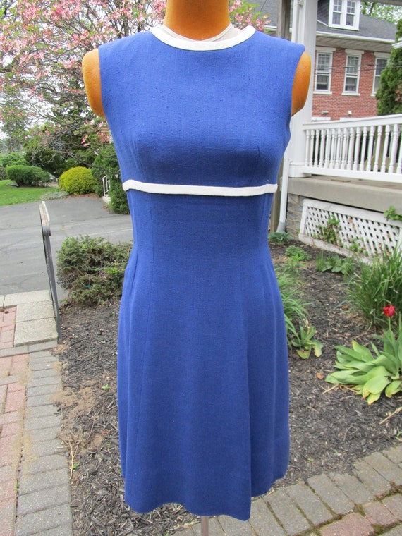 Vintage 1960s Blue Dress with White Trim - image 1