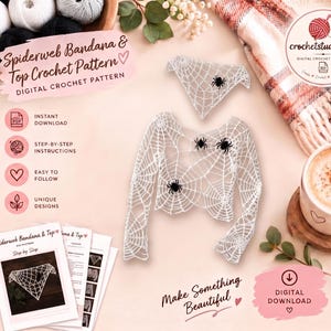 May include: A white crochet spiderweb bandana and long-sleeve top set featuring black spider embellishments. The digital pattern includes text reading Spiderweb Bandana & Top Crochet Pattern, crochetstudiobyad, and Make Something Beautiful.