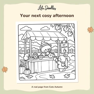 Black-and-white Cute Autumn page with a bear pouring a drink at a hot chocolate stall, a chick on a stool and a bunny beside the counter.